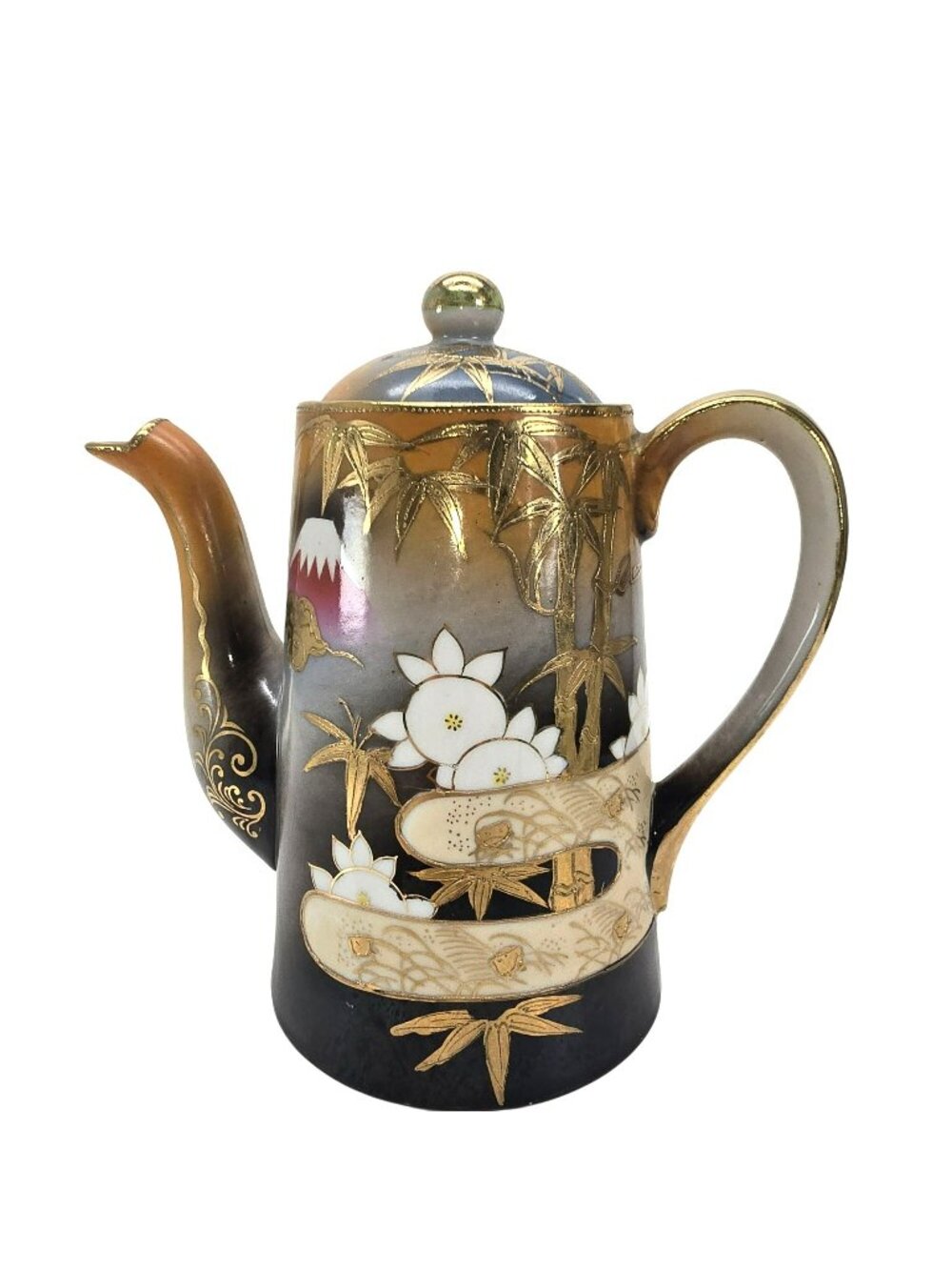 Antique Japanese Porcelain Teapot With Hand-Painted Bamboo & Flower Motif JE326